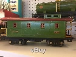 1930s PRE WAR LIONEL TRAIN ENGINE, TENDER, CRANE, REFRIGERATOR CAR, 7 PIECES