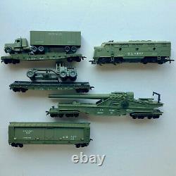 HO Army train cars & F3 locomotive, railway gun troop Q car hopper tanks caboose