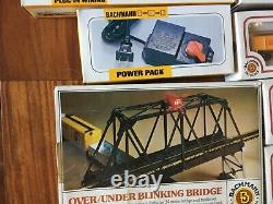 Ho Scale Bachmann Train Set Lot locomotives, track, cars, power pack, bridge