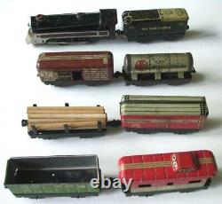 MARX O Scale 494 Locomotive & 7 Tin Train Cars Tender, Cattle Car, Hopper +
