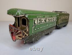 Prewar Marx Army Supply Train #500 Locomotive & Tender, Radio Car, Official Car