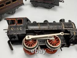 Rare Vintage Prewar BING Wind-Up Locomotive Train Toy with (3) Tin Litho Cars