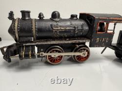 Rare Vintage Prewar BING Wind-Up Locomotive Train Toy with (3) Tin Litho Cars