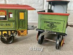 STRAUSS No. 46 Locomotive Passenger Car Tin Clockwork Train Set Original Box